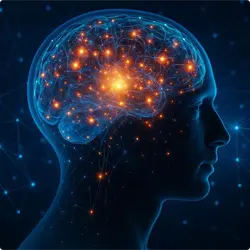 Illustration of illuminated brain activity inside a human brain within a silhouette