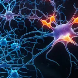 Illustration of neuron activity between glowing neurons